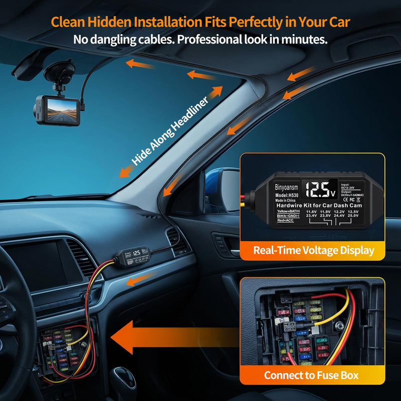 Dash Cam Hardwire Kit USB C with LED Voltage Display,4-Level Adjustable Low Voltage Protection (11.6V-12.5V),3-Lead Acc Power Cable for 24/7 Parking Mode,12V-24V to 5V/3A Adapter for Dash Camera,GPS
