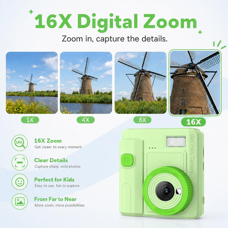Mason & Friends Kids Print Camera Gift Set, 1080P Video, 16X Digital Zoom, Easy-to-Use Design for Boys and Girls Ages 3-12 Green