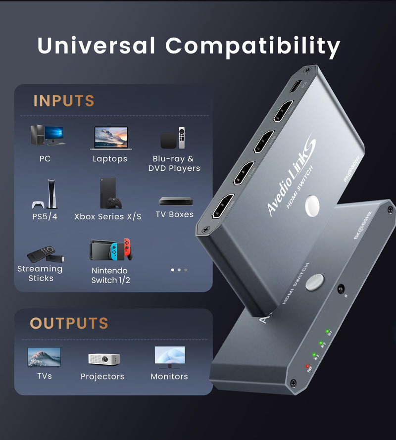 8K@60Hz HDMI Switch 3 in 1 Out with 2.6ft HDMI Cable & Remote, 4K@120Hz Aluminum HDMI 2.1 Switch Splitter with Auto-Switching, Supports HDCP 2.3 HDR 10+ Dolby Vision/Atmos 48Gbps for PS5, Xbox,Switch