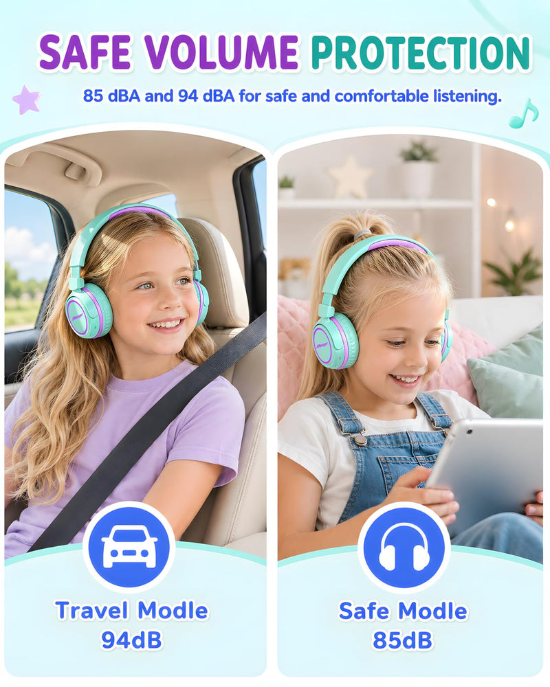 Jimonyer Kids Bluetooth Headphones for School, Travel, iPad, Tablet(Green) | 80H Playtime, Lightweight, Wireless, 85/94dB Safe Volume Limit, Bluetooth 5.4, Built-in Mic Kids Headphones for Girl Boy Greenpurple