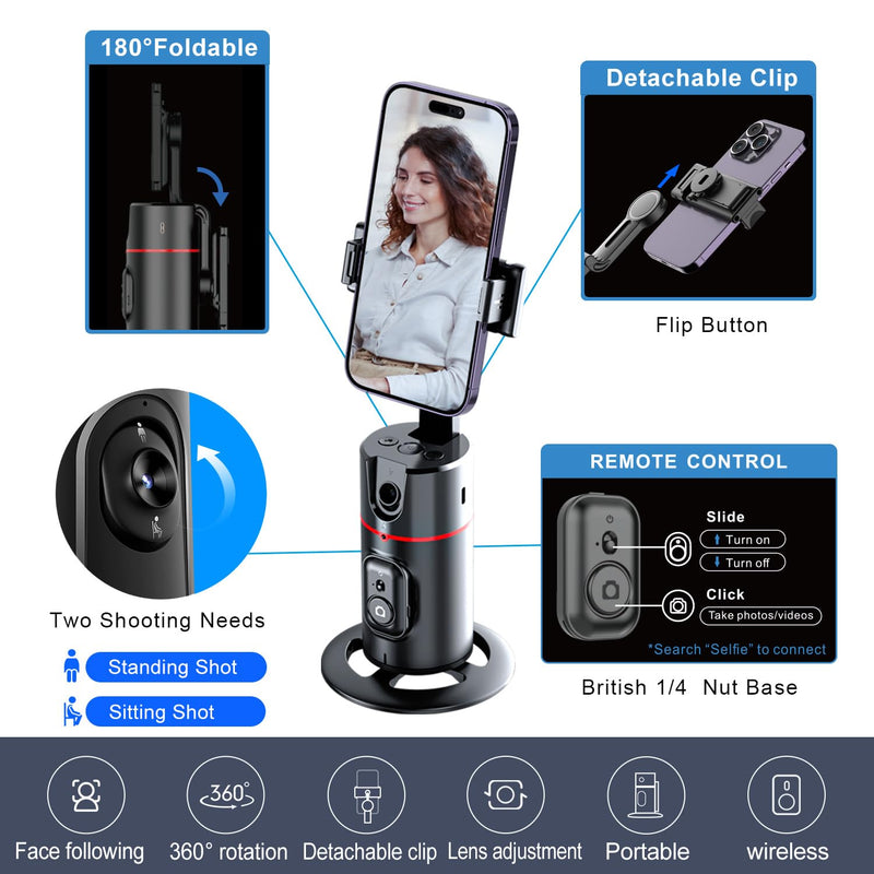 GREEN HOUSE Auto Face Tracking Phone Holder, Selfie Gimbal with Rechargeable & Detachable LED Fill Light & Detachable Controller With remote&fill light