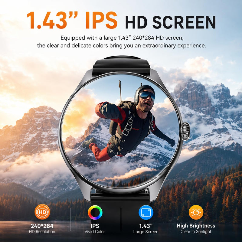Smart Watches for Men Women, 1.43" AMOLED Display, 7-Day Battery Life, 120+ Sport Modes with Heart Rate Sleep Monitor, Bluetooth Calling, IP68 Waterproof Fitness Watch for iPhone Android (Black) Black