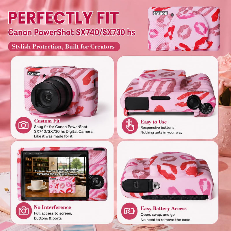 Cute Camera Case for Canon PowerShot SX740 HS/SX730 HS,Silicone Protective Cover with Removable Lens Cap,Wrist Strap & 2 Pack Tempered Glass Screen Protector for Women (Pink Lips) Pink Lips