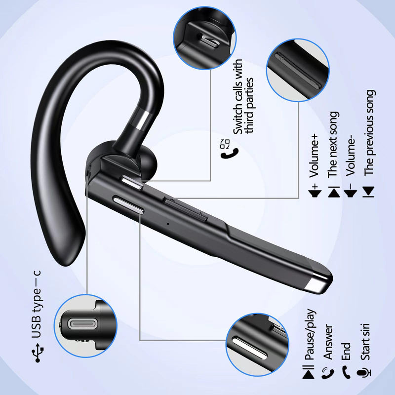 Bluetooth Headset with Microphone, Wireless Bluetooth Earpiece for Work, Trucker Headset with ENC Noise Cancelling Mic, 72H Charging Case, Bluetooth 6.1 Hands Free for Driving Office PC Phone, Black