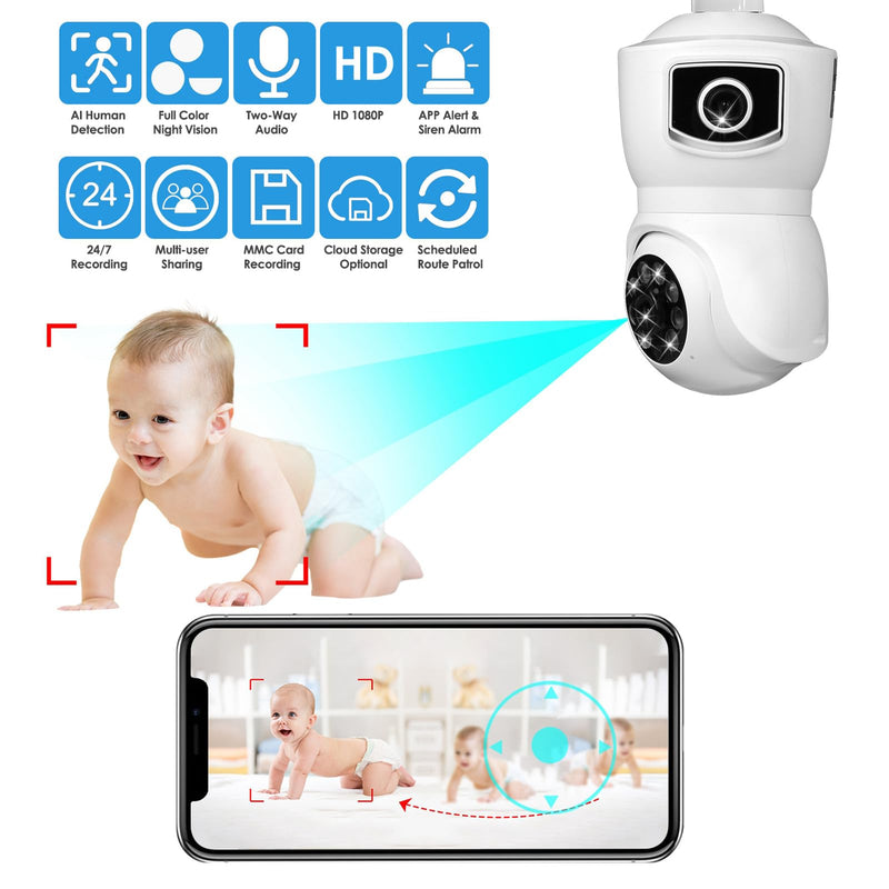 Light Bulb Security Cameras Wireless, 2.4GHz WiFi Light Socket Cam, E27 360° Light Socket Camera for Home Security, Night Vision, 2-Way Talk, Siren Alarm, Motion Detection