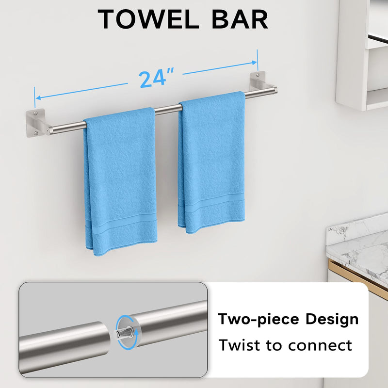 Brushed Nickel Bathroom Accessories Set, KLJKPA 4 Pieces Bathroom Hardware Set, 24 inch Towel Bar, Towel Racks for Bathroom, Robe Towel Hooks, Toilet Paper Holder Wall Mounted Brushed Nickel (4 Piece)