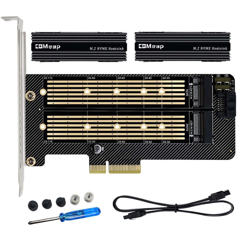 COMeap Dual M.2 PCIE Adapter，M.2 SSD NVME (M Key) and SATA (B Key) Adapter with Heatsink for One M.2 NVMe and One SATA SSD 22110/2280/2260/2242/2230 to PCI-e 3.0 x4 Host Controller Expansion Card