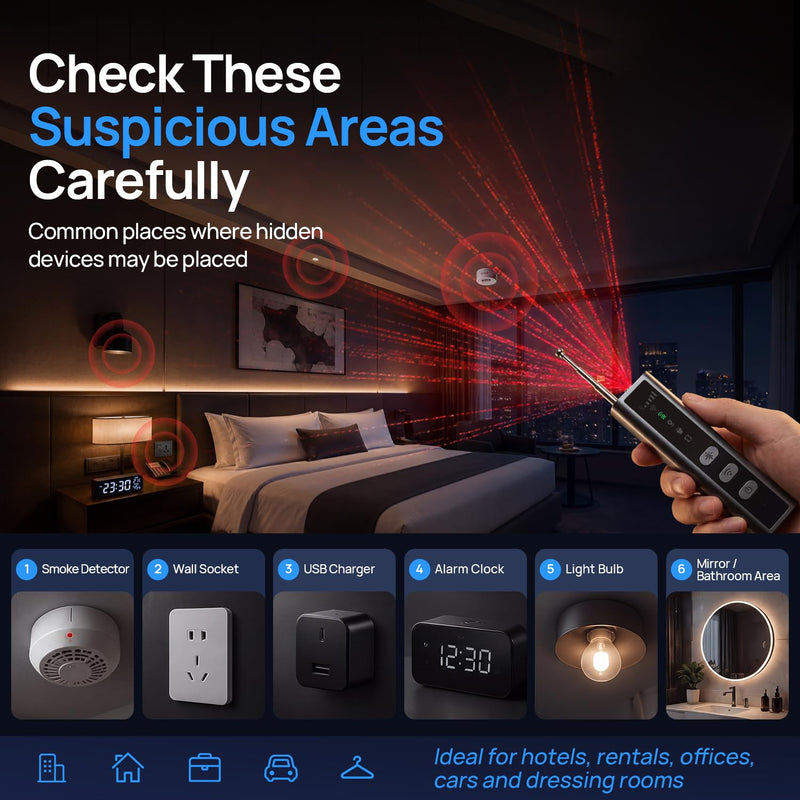 Hidden Camera Detectors, Clear Display Screen, RF Signal Detector with Guided High-to-Low Sensitivity, Infrared Lens Finder, Magnetic GPS Tracker Detection for Travel, Hotel, Car Middle