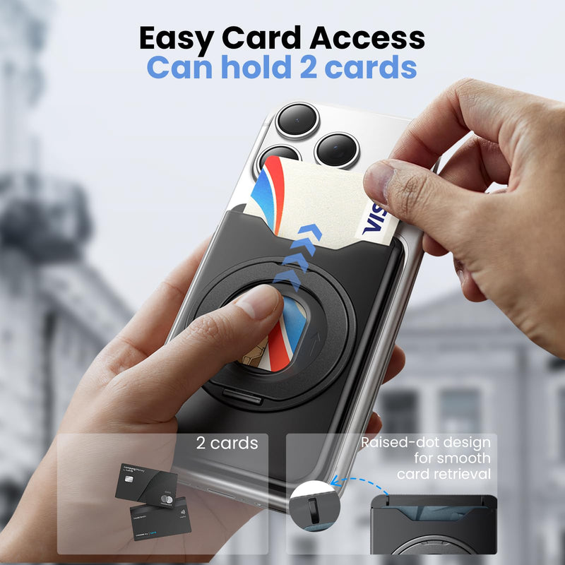 for Magsafe Wallet, 2 Card Holder, With Rotating Stand, Black | Magnetic Wallet for iPhone 17/16/15/14/13/12 Series 360° Ring Stand