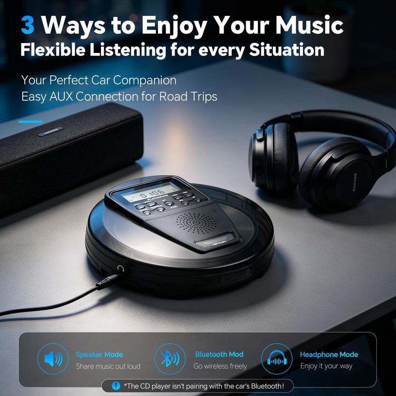 Portable CD Player with Bluetooth and Speaker, 10H Playtime Rechargeable Personal CD Player, HiFi Stereo Sound, 60s Anti-Skip Protection, PROG Playback & EQ Modes, Headphones and AUX Cable Included Black