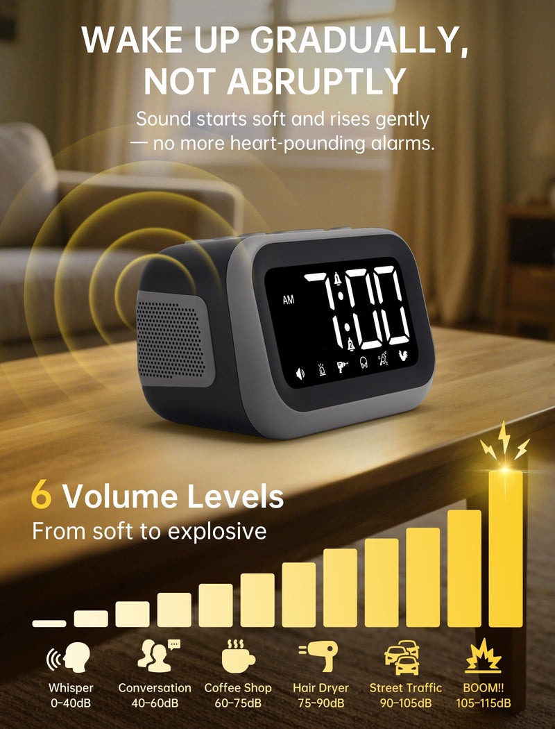 Super Loud Alarm Clock: 115dB Dual Alarms and 6 Alarm Sounds for Heavy Sleepers - Adult Shift Workers in Bedroom or Daily Wake-Up Use - Gray Gray - White Digits