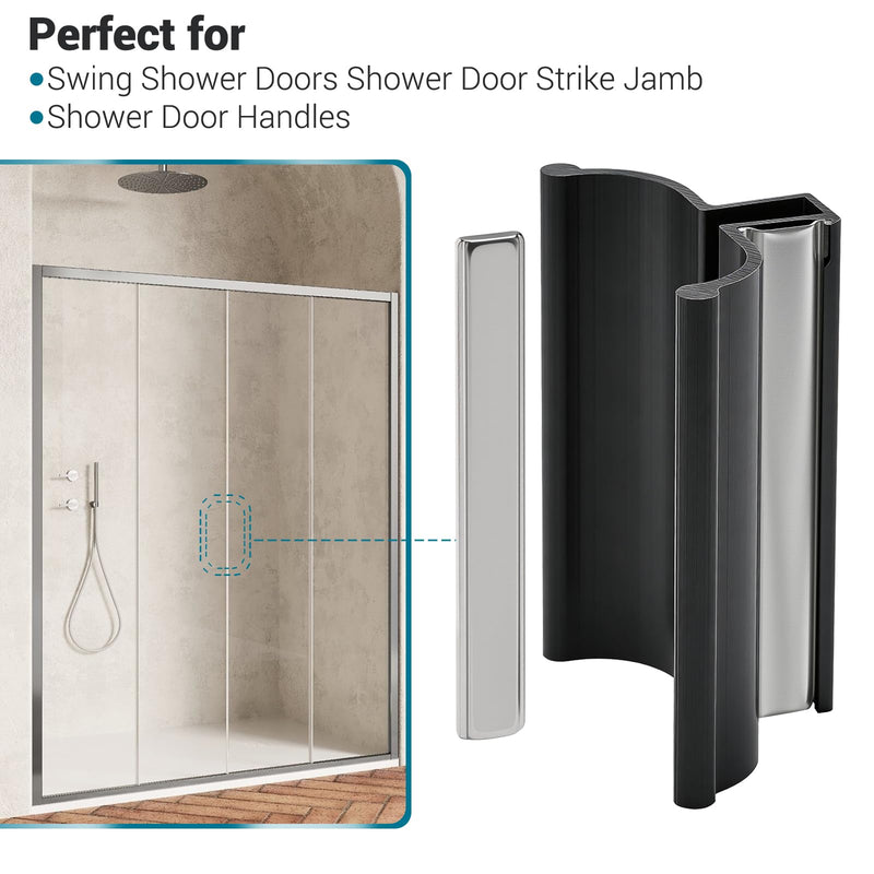3" Frameless Shower Door Black Handle with Metal Strike Plate and 3" Shower Door Magnet. Suitable for Glass Doors with thicknesses of 1/8 inch, 5/32 inch, 3/16 inch, and 1/4 inch.