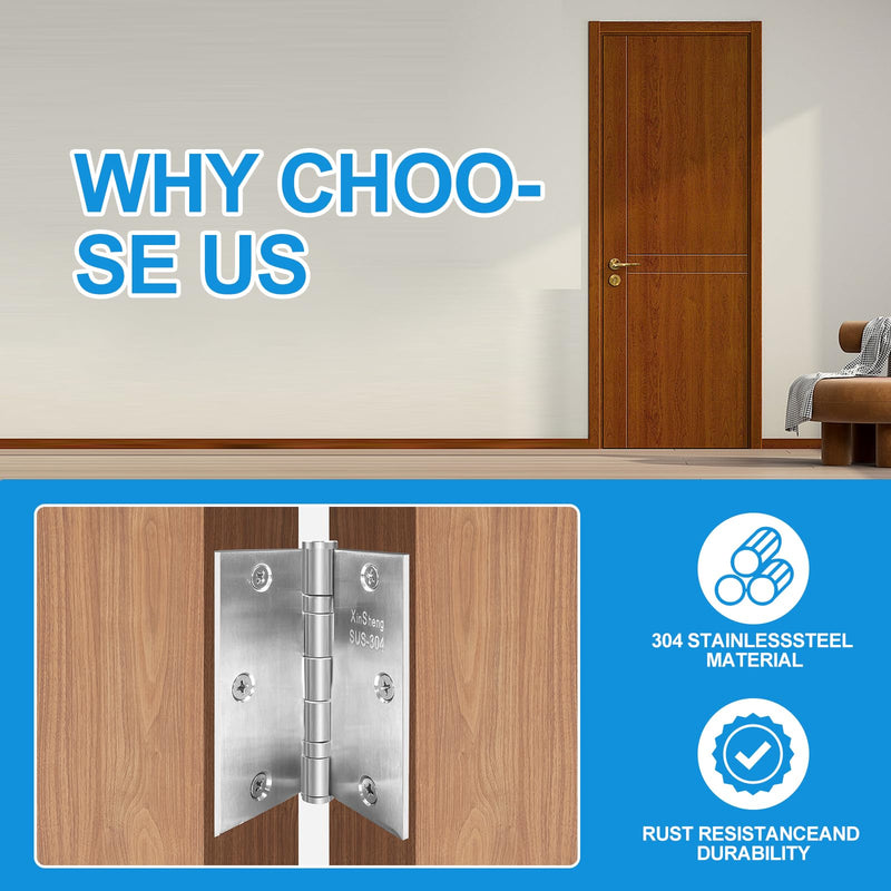 3.5" 304 Stainless Steel Door Hinges XINSheng Security 3 Pack | Ball Bearing Smooth | Square Corner | Non-Detachable Security Pin | 304 Steel Rust Proof | Interior & High-Salt Environments