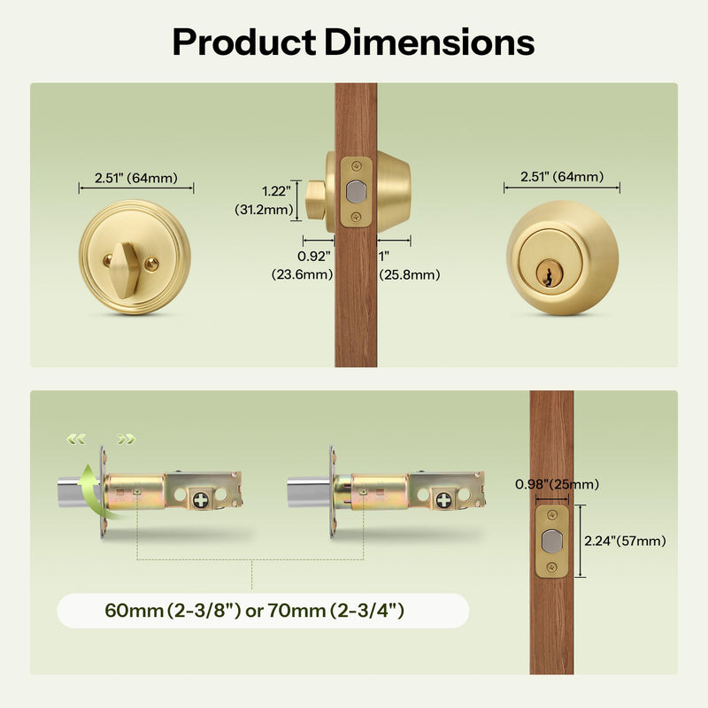 Moquin Gold Deadbolt Lock for Exterior Door, Single Cylinder Deadbolt with Key, One-Sided Deadbolt Lock, Satin Brass