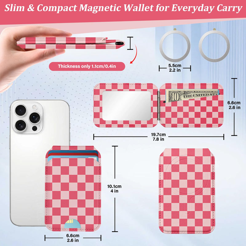 bolimoss Checkered for Magnetic Wallet with Makeup Mirror, Cute Leather Magnetic Card Holder for iPhone, Phone Wallet with 2 Card Slots & Adjustable Stand for iPhone 17/16/15/14/13/12 Series(Pink) Rose Red Checkerboard