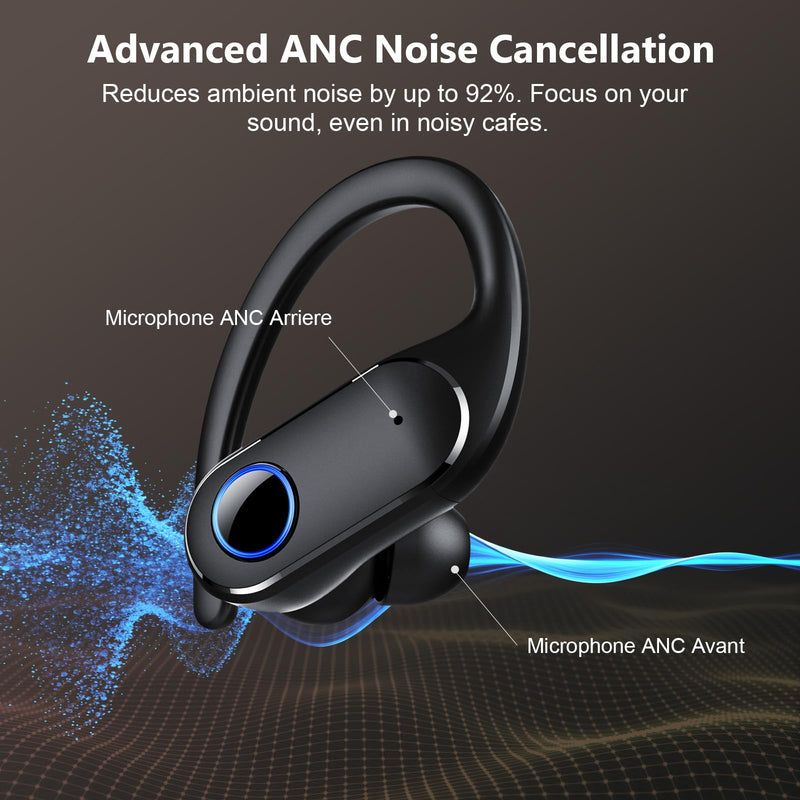 Active Noise Cancelling Ear Buds Wireless Earbuds Dual Battery Display, Bluetooth Headphones with Deep Bass, IPX7 Waterproof, Ultra Light Comfort Wear, Sports Earphones for Running Workout Gym Black Jet Black
