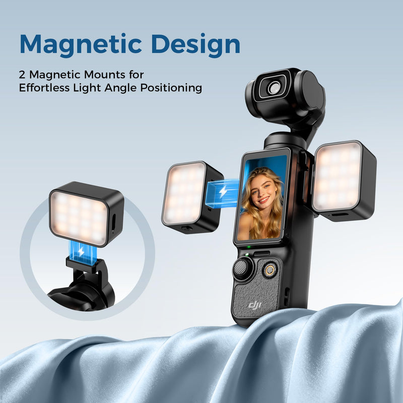2PCS Magnetic Mini LED Fill Light Auxiliary Light for DJI OSMO Pocket 4/3 | LEEKAI PL15 CRI≥95, 3-Color Temp 2500-6500K Brightness Adjustable, 1.5W Rechargeable 500mAh with Camera Body Mount Mount with TwoLights