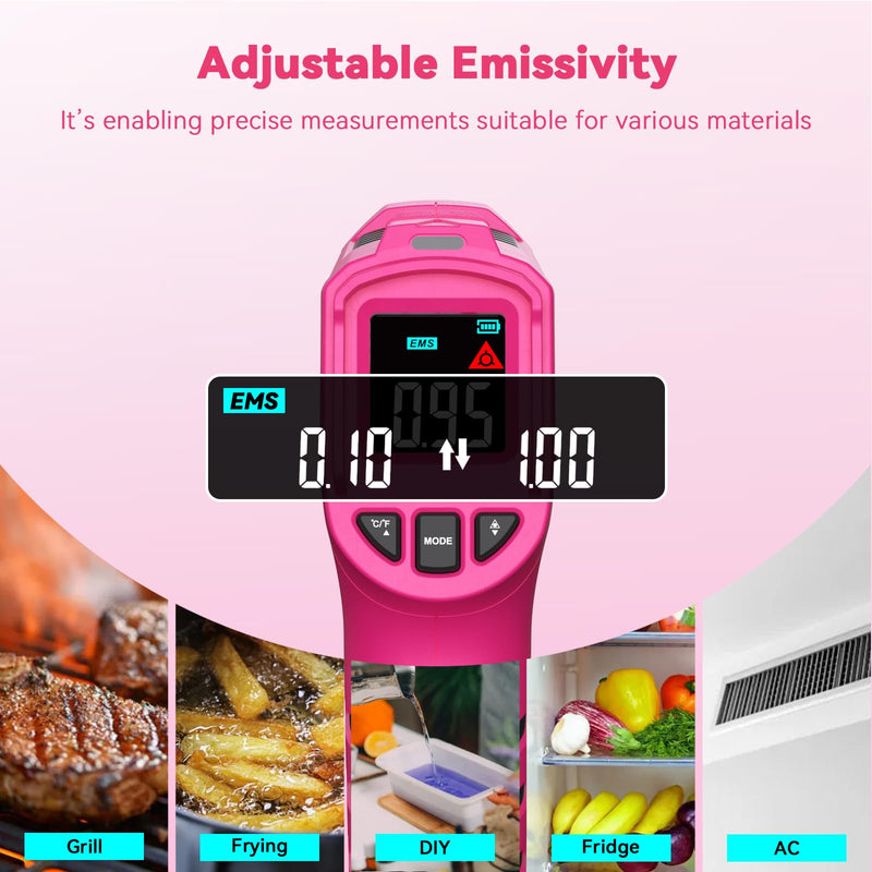 Wintact Laser Infrared Thermometer Gun Pink, -58°F to 1112°F Surface Heat Temperature Gun, Non-Contact Digital Thermometer for Kitchen Cooking Food, Pizza Oven, BBQ, Griddle, Soap Making, HVAC WT313SP