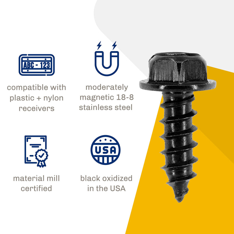 Black License Plate Screws, Rustproof 18-8 Stainless Steel, Black Oxide Finish Applied in The USA by Makers Bolt (Pack of 4) Black Stainless