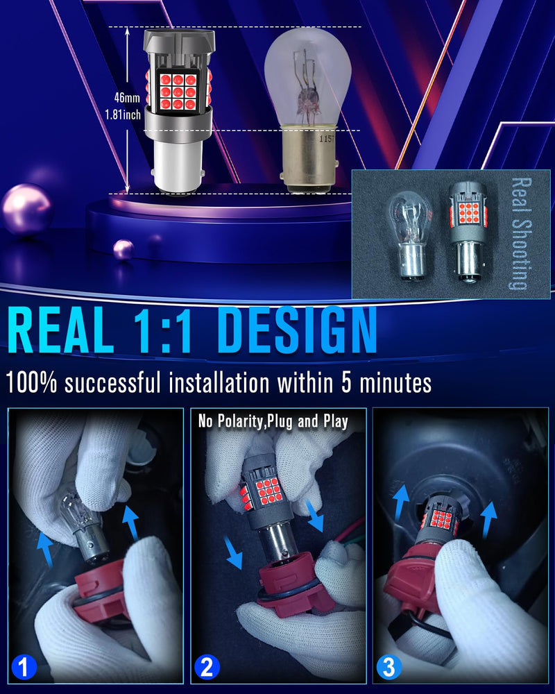 CANBUS 1157 LED Tail Light Bulb with Built-in Resistor 2357 Brake Light Bulb Red CANBUS Error Free,2057 7528 7507 BAY15D Brilliant Red LED Lights Replacement for Rear Tail Stop Lights(2pcs) 1157/2357