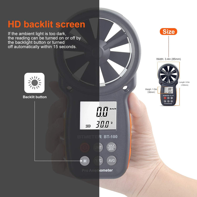  [AUSTRALIA] - BTMETER BT-100 Handheld Anemometer, Digital Wind Speed CFM Meter Gauge Air Flow Velocity Tester for HVAC Shooting Drone, Wind Chill, 14℉-113℉ Wind Temperature BT-100 Anemometer