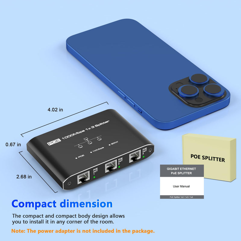PoE Splitter 1 in 3 Out, Gigabit 3 Port PoE Switch, IEEE 802.3at/af Compliant, 30W per Port Power Over Ethernet Hub for IP Cameras/Access Points/VoIP Phones (328 Ft), Network Hub for Cat5e/6/7/8 Cable 1 to 3