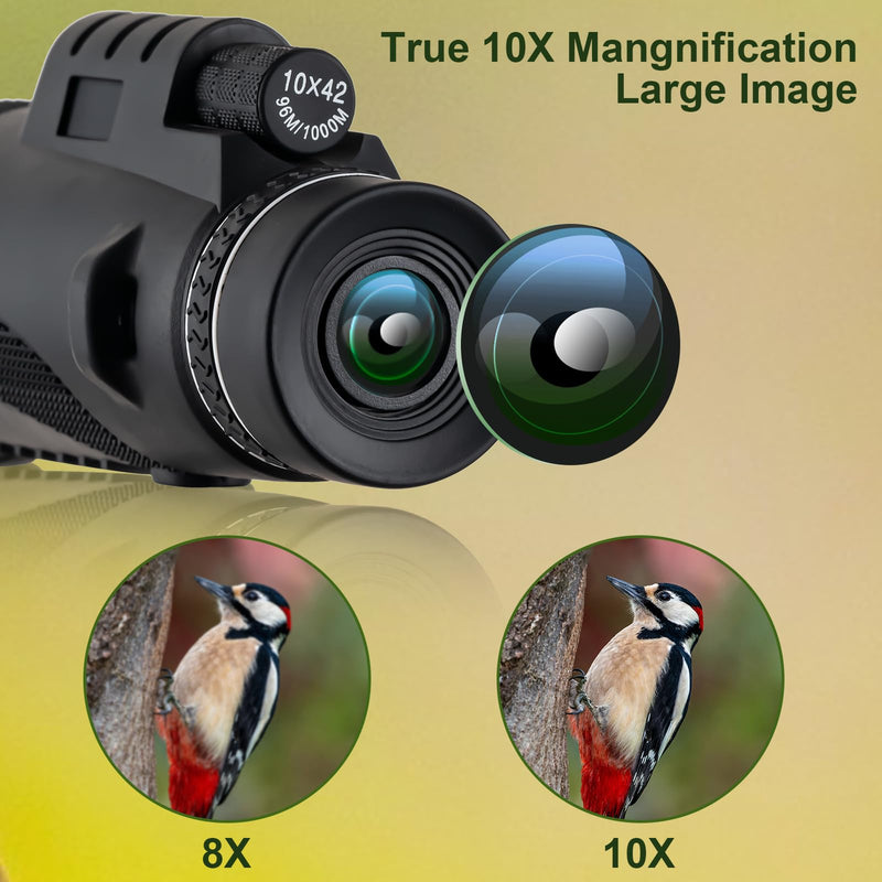 BOOMIBOO 10X42 Monoculars for Adults High Powered FMC Multi-layer Coated Lenses & BAK4 Prism with Smartphone Holder & Tripod, Gifts for Men, Compact Telescope for Camping Hiking Bird Watching Black