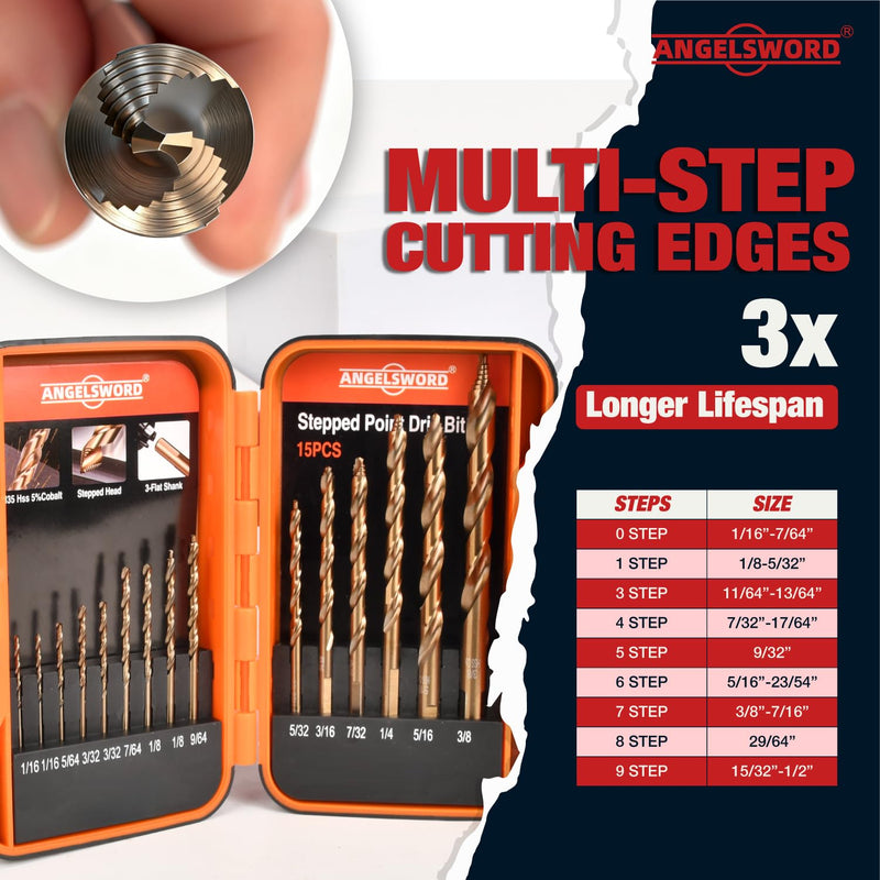 ANGELSWORD M35 Cobalt Stepped Point Tip Drill Bit, 15 PCS(1/16"-3/8"), Titanium Coated Drill bit, for Steel, Cast Iron, Aluminum, Brass, Acrylics B. 15PC | 1/16"-3/8" M35 STEPPED SET