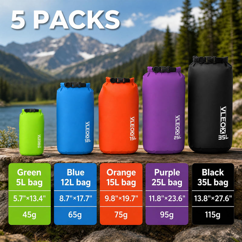 Dry Bag 3-Pack/5-Pack, Ultralight Dry Sack, Lightweight Waterproof Bags Roll Top Sack Set Keeps Gear Dry for Hiking, Backpacking, Kayaking, Camping, Swimming, Boating 5 Pack - 5L+12L+15L+25L+35L