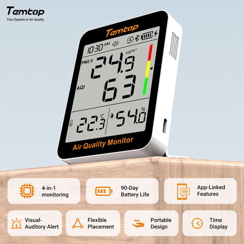 Temtop Smart Air Quality Monitor with Indoor Thermometer & Thermo-Hygrometer – PM2.5, AQI, Temperature and Humidity Detector for Home, Office, Nursery, School, App Connectivity, 60-Day Battery Life 2 Modes/Extended Standby/APP 1