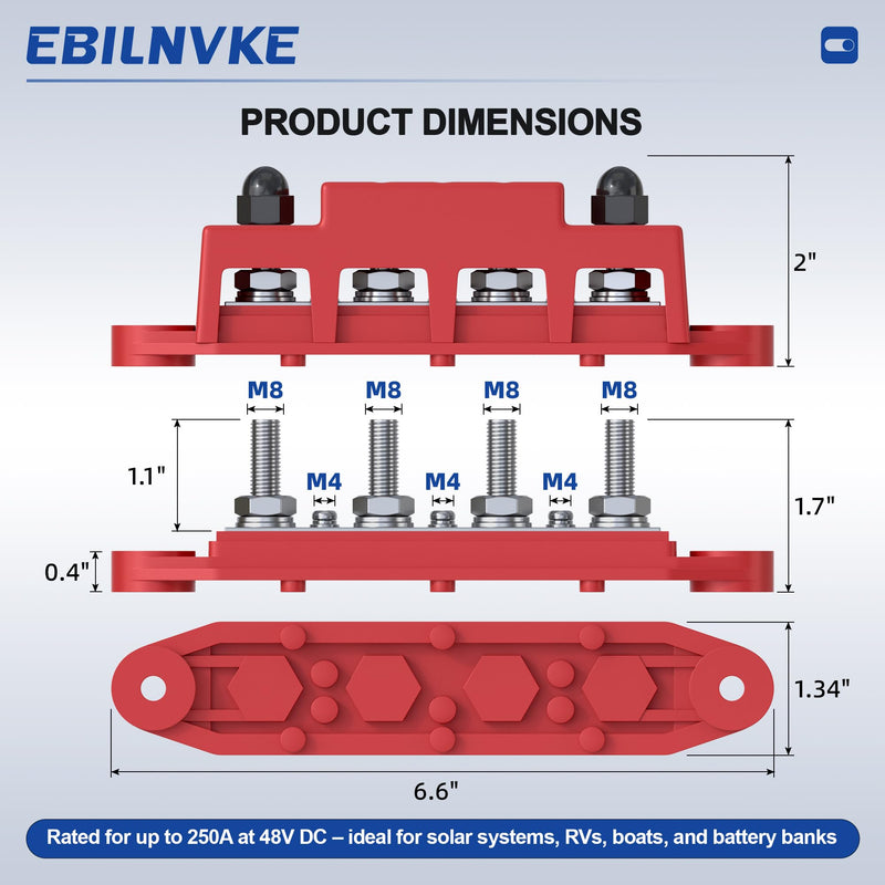Bus Bar 12V 250A Power Distribution Block 4 x 5/16"(M8) Studs | Marine Bus Bar, 12 Volt Battery Busbar, Terminal Block, Automotive, Car, Boat, Solar Wiring, Positive & Negative Red&Black 250A 4 x 5/16(M8) Studs