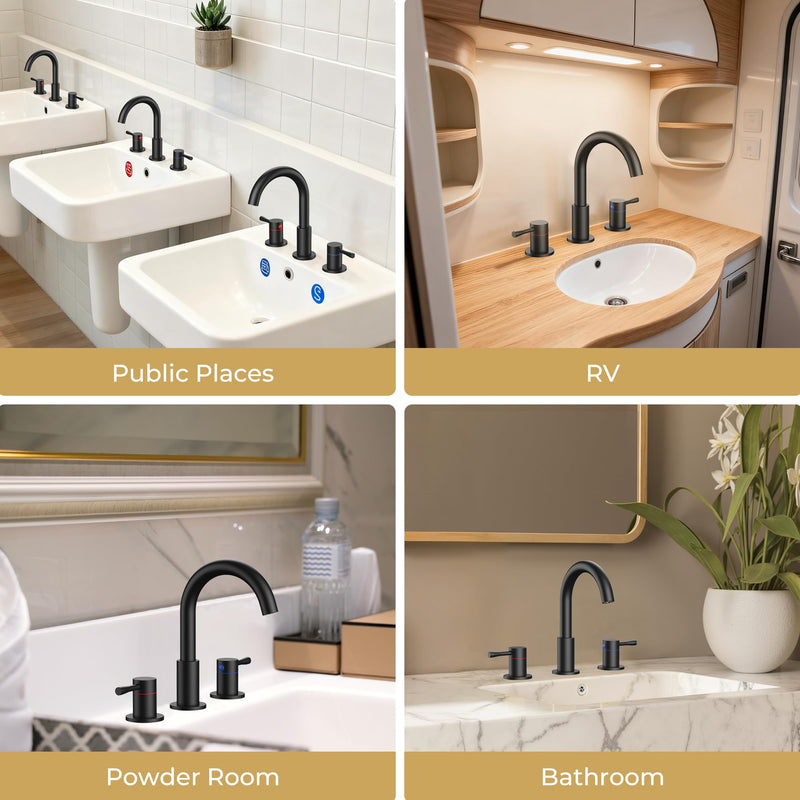 FORIOUS Black Bathroom Faucet 3 Hole, 360° Swivel 8 Inch Widespread Bathroom Sink Faucet and Pop Up Drain 2 Handle Faucets for Sink, Vanity, RV, Lavatory, Farmhouse Matte Black