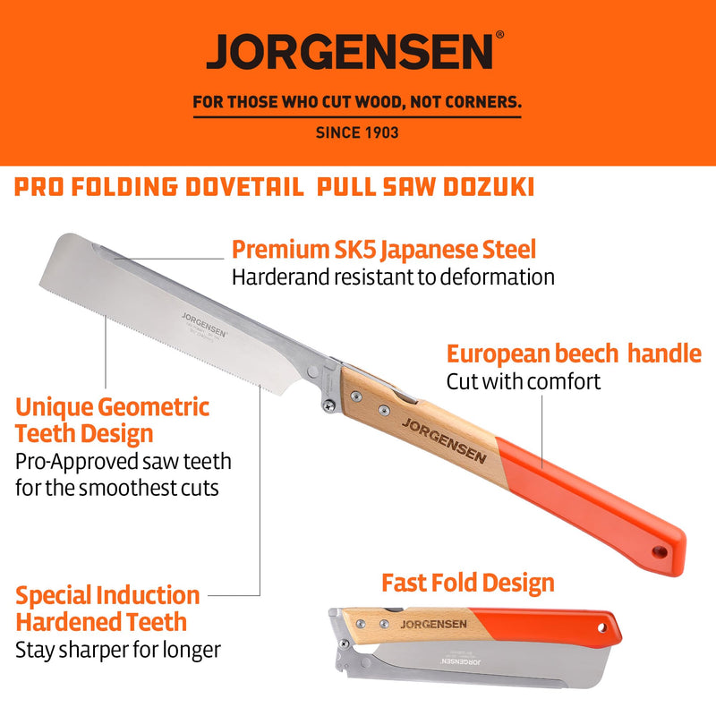 JORGENSEN Japanese Pull Saw, 9.5 Inch Pro Folding Dovetail Saw with Beech Wood Long handle, SK5 Steel Blade Tool-less Quick Change, 21TPI Cross Cut Woodworking Handsaw for Hardwood, Softwood
