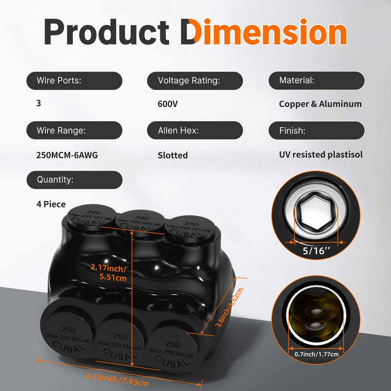 Joinfworld 3 Port Insulated Multi Tap Connector 250MCM-6 Gauge Wire Connectors Aluminum to Copper Wire Connectors Dual Entry Black Electrical Cable Connectors with Slotted Allen Hex - 4 Pack 250MCM-6 AWG