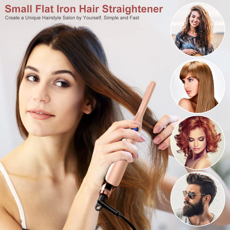 JAETON Mini Hair Straightener for Short Hair,Pixies,Bangs,Small Curls | Small Travel Flat Iron, Adjustable Temperature Pencil Straightener, Dual Voltage Rose Gold