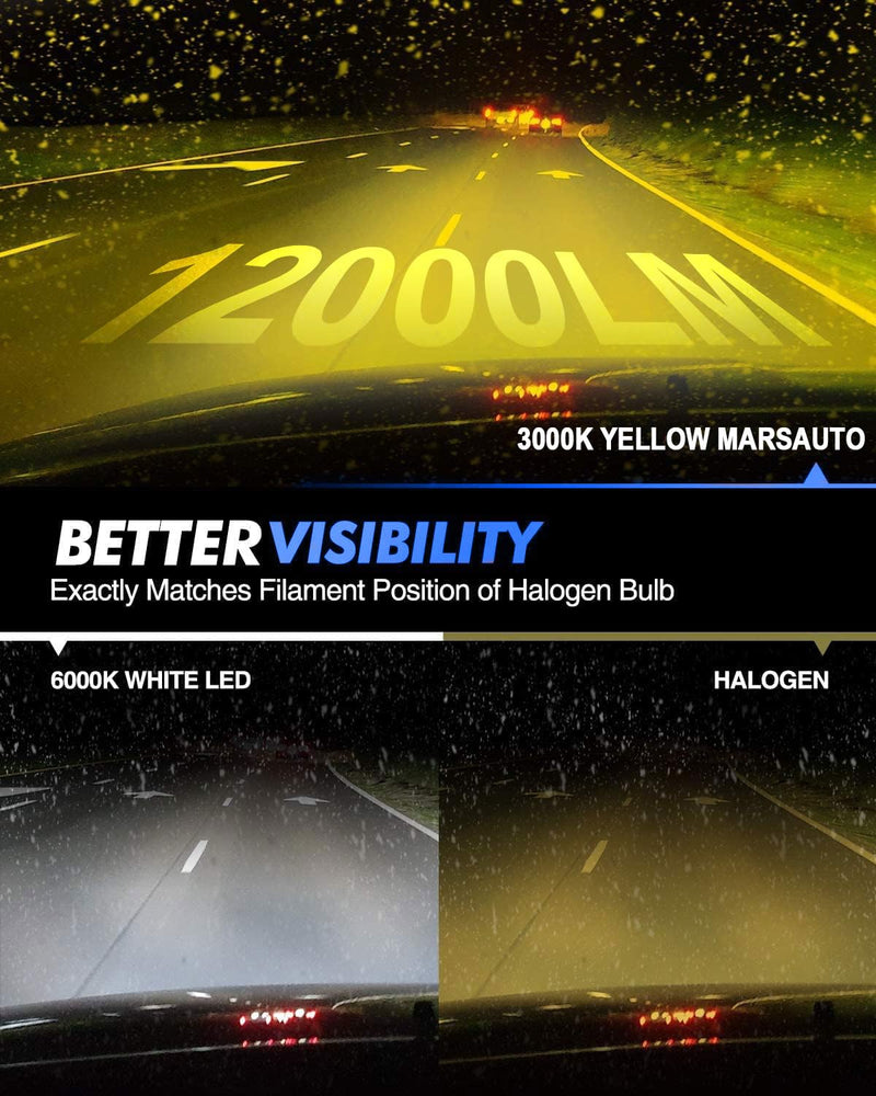 Marsauto H3 Yellow Led Fog Light Bulb, 600% High Bright H3LL Fog Lights Led, 12,000LM 3000K Amber Yellow Strong Penetration, 2024 New Upgraded CSP Chips H3 Fog Bulb for Car, Pack of 2 H3/H3ll