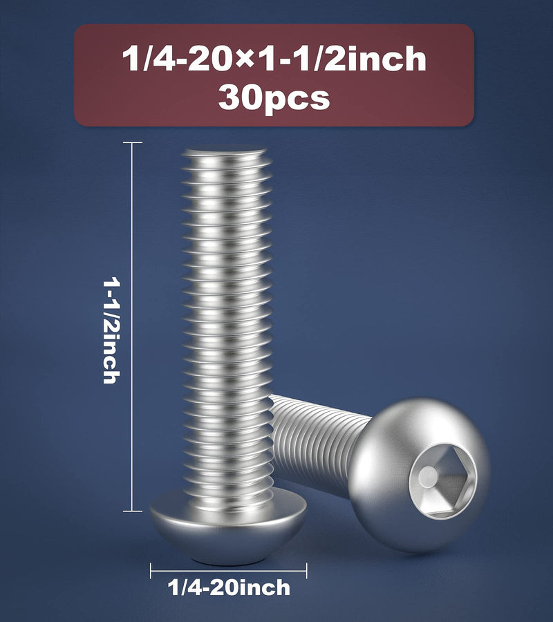 1/4-20 x 1-1/2" Bolt, Button Head Socket Cap Bolts Screws, Stainless Steel 304 (18-8), Fully Machine Thread, Allen Hex Drive, 100-Pack 1/4-20 x 1-1/2"