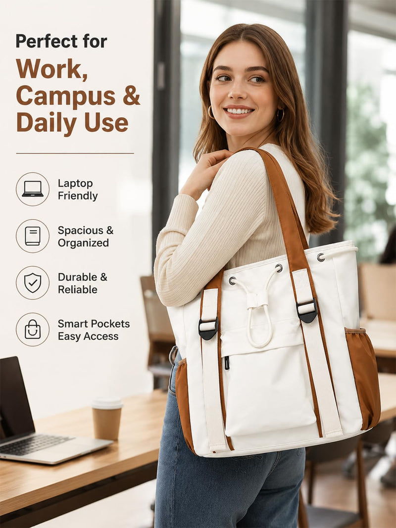 Drawstring Tote Purse for Women Beige Multi-Pocket Crossbody Bag Large Laptop Compartment Handbag White