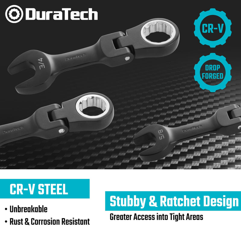DURATECH Stubby Flex-head Ratcheting Combination Wrench Set, SAE, 8-piece, 5/16" to 3/4", CR-V Steel, Black Electrophoretic Coating, with Rolling Pouch