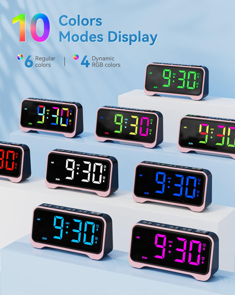 Loud Alarm Clock for Heavy Sleepers Adults, Bed Shaker Alarm Clock with 10-Color Modes/Night Light/USB Charger/7 Dimmer/Battery Backup, Vibrating Alarm Clocks for Hearing Impaired Deaf, Kids, Teens Pink With Bed Shaker