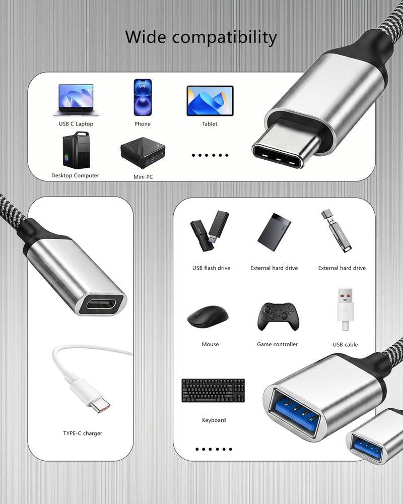 Type C Hub Adapter with Dual USB A and USB C Ports, 3 in 1