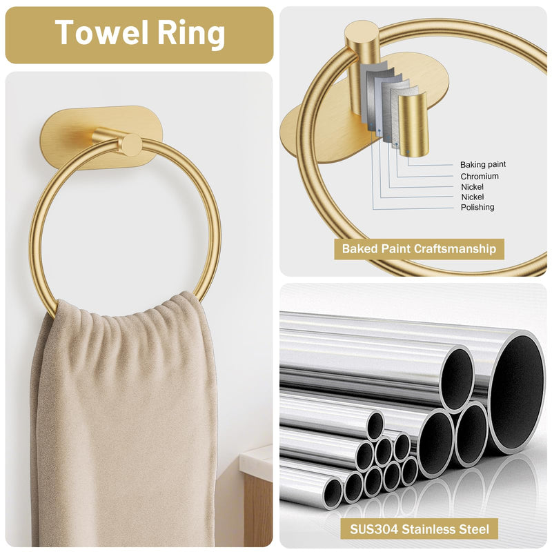 Self Adhesive Brushed Gold Toilet Paper Holder Towel Holder for Bathroom Wall, No Drilling Bathroom Hardware Set, SUS304 Stainless Steel Gold Towel Ring Hand Towel Holder for Bathroom, Kitchen