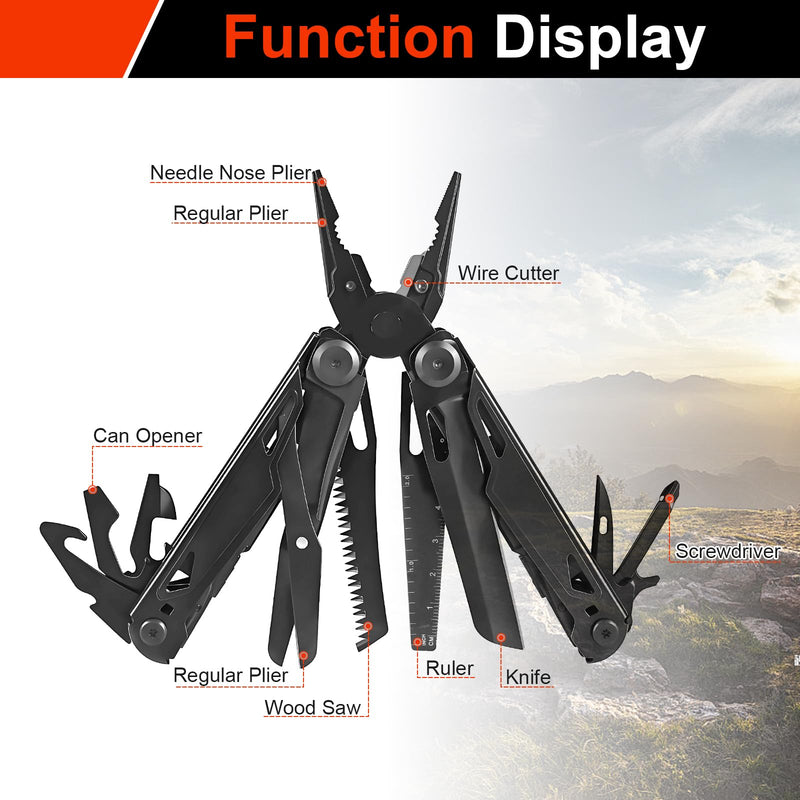 Multitool, 28-in-1 Stainless Steel Multi-Tool with Pocket Knife, Self-locking Pliers, Bottle Opener Professional Multi Tool for Outdoor, Survival, Camping, Hiking, Hunting - Black