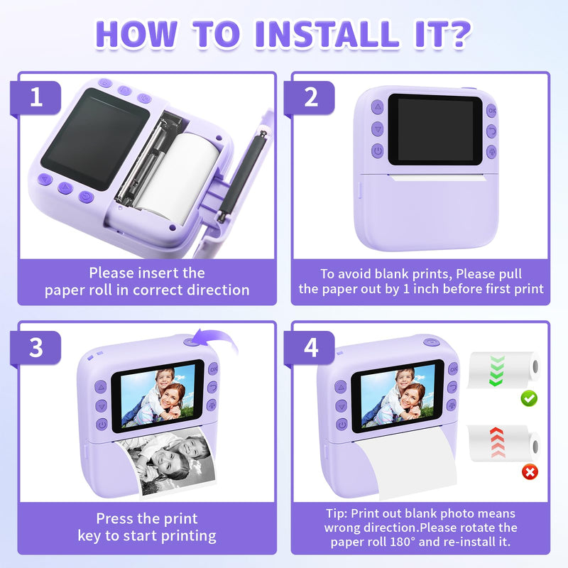 Instant Print Camera for Kids, Christmas Birthday Gifts for Girls Boys, 1080P Instant Digital Print Cameras for Toddler,Portable Toy for 4 5 6 7 8 9 10 Year Old Girl with 32GB SD Card，Purple Purple