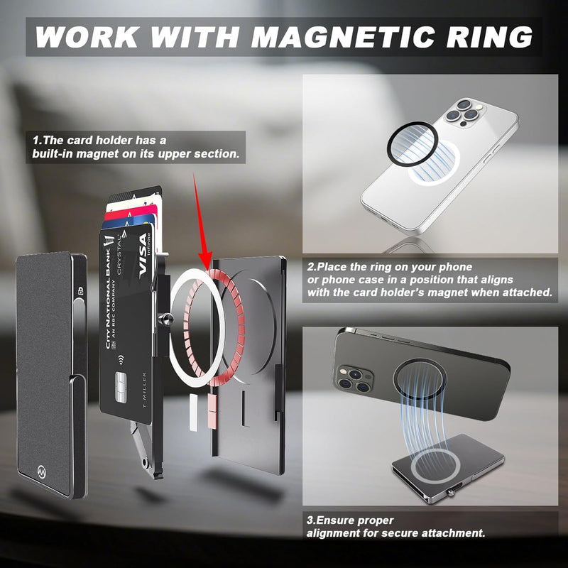 Magnetic Phone Wallet with Adjustable Stand,Pop up Phone Card Holder Quick Access to Bank/Credit Cards, 3.93 * 2.96 * 0.31 Inches Compact Metal Case with RFID Blocking Protection (Space Grey) Space Grey