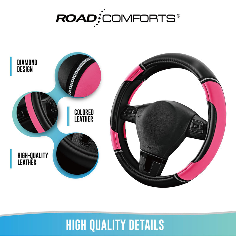 Road Comforts Leather Steering Wheel Cover - Made with PVC Leather - Anti-Slip, Universal Fit 14 1/2 inches to 15 inches - Hot Pink