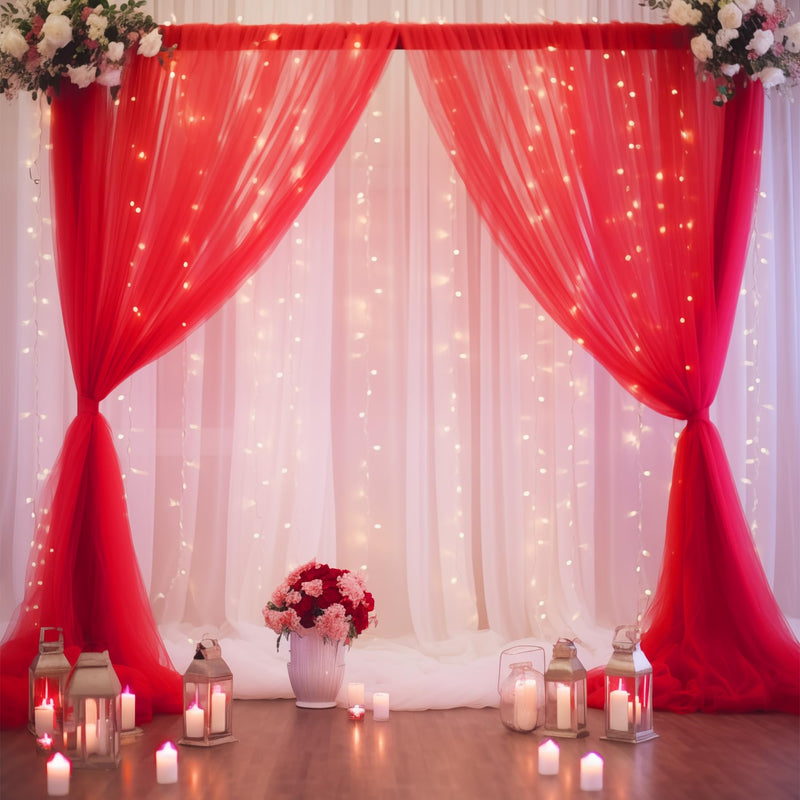 10×10ft Red Tulle Backdrop Curtain with Lights String for Parties, Sheer Curtain Backdrop Drapes for Wedding Party Photography Background