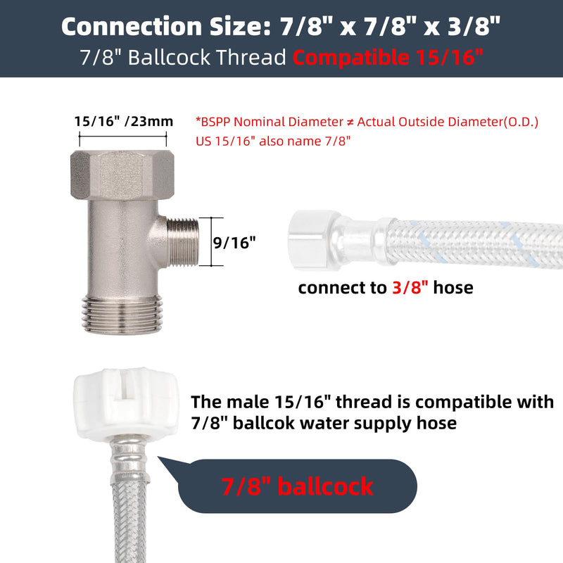 Hibbent Bidet T Adapter, Metal T Valve for Bidet(7/8” x 7/8” x 3/8”) or (15/16" x 15/16" x 9/16"), 3 Way Tee Connector Bidet Attachment for Toilet 15/16" Tee 15/16"-15/16"-9/16"