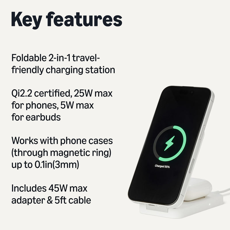 Amazon Basics MagSafe Compatible Wireless Charging Station, 25W Max. Fast Charging Qi2.2 Certified 2-in-1 Charger, Foldable Stand for iPhone 17/16/15/14/13/12 & AirPods, with 45W Max. Adapter, White