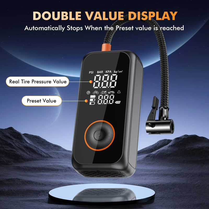 Portable Air Compressor, 150PSI Cordless Car Tire Inflator, 3X Faster Air Pump with Digital Gauge, Auto-off, LED Light, Tire Pump for Car, Bike, Motorcycle, Ball
